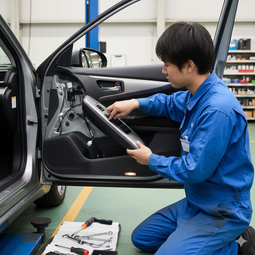 車のドアの内張りを外し、中を点検する整備士