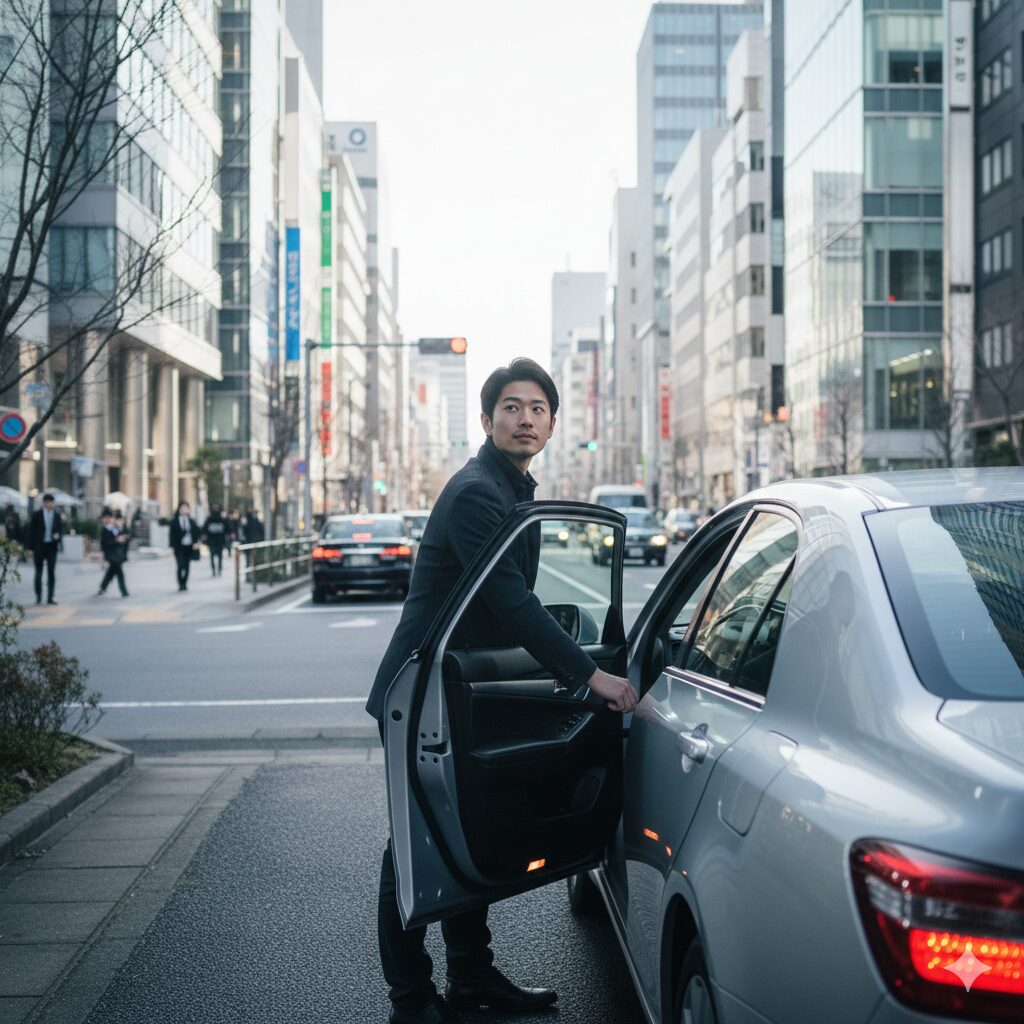 ビジネス街で車から降りる男