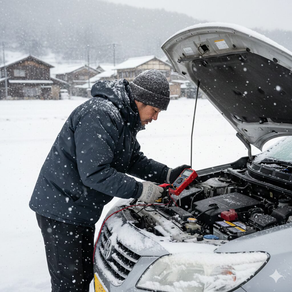 雪の中ボンネットを開けてバッテリーの電圧チェックをする男