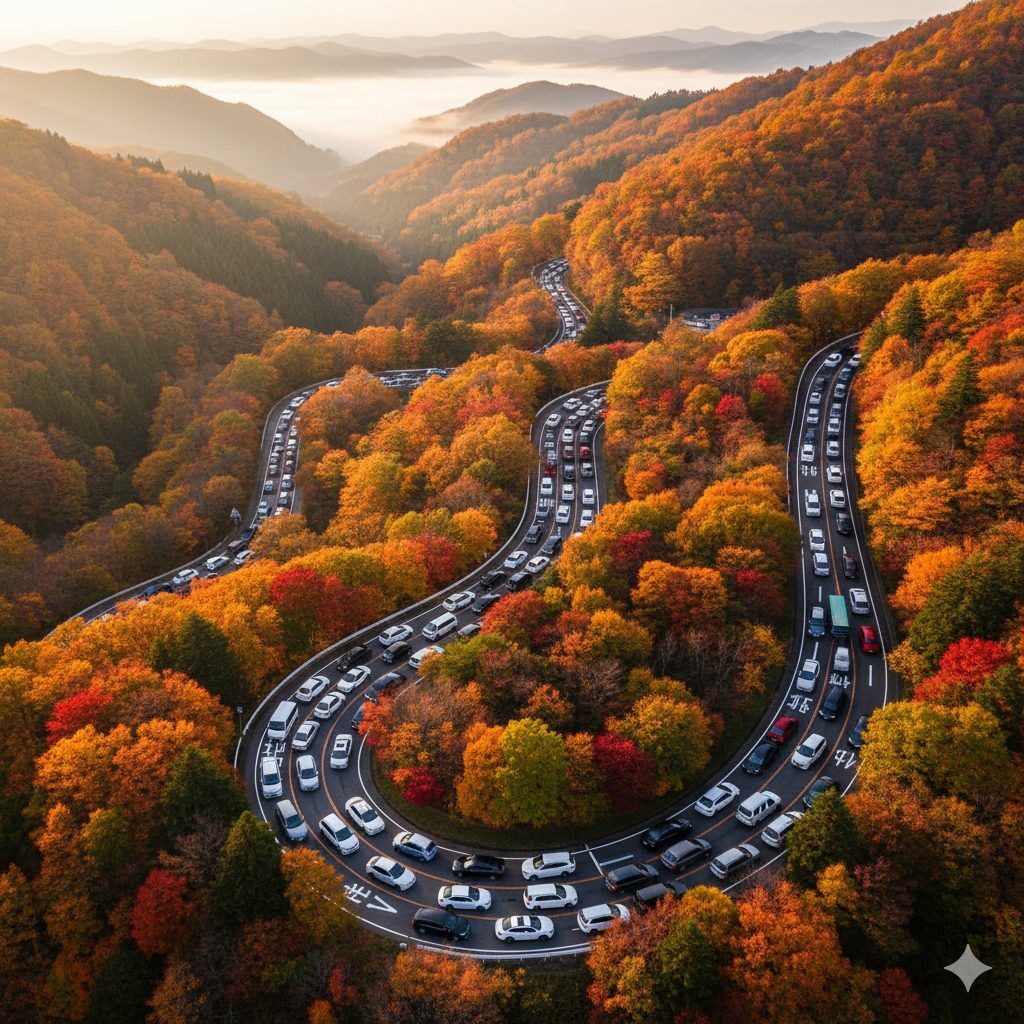 峠道で渋滞している