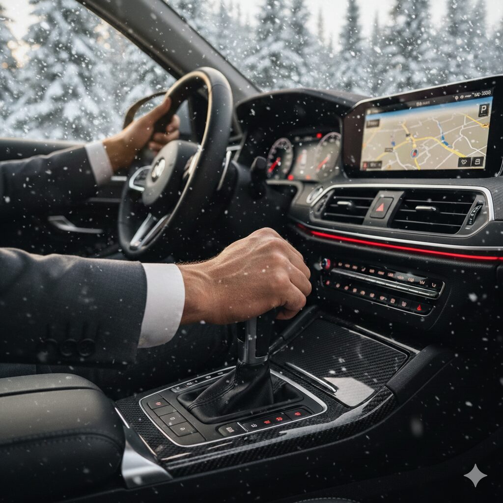 雪道でATレバーを操作する