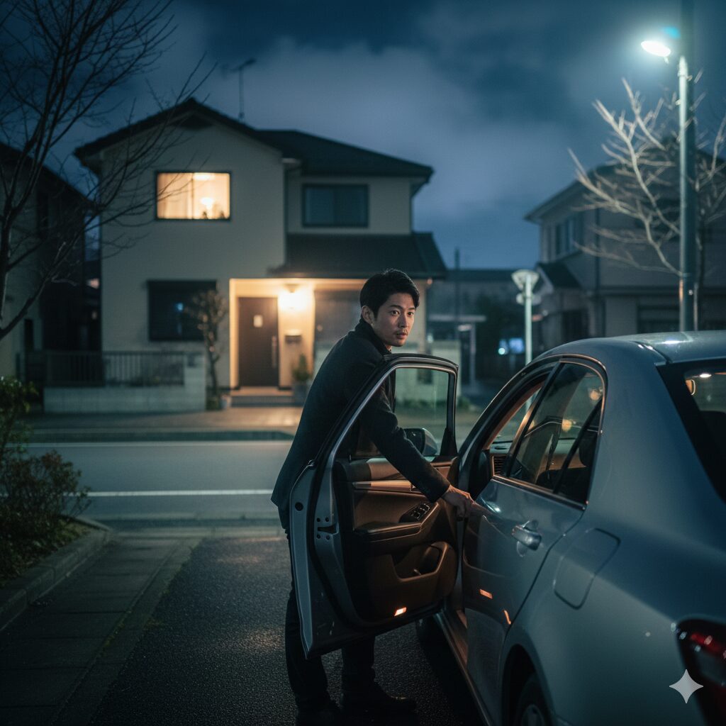 深夜の住宅の前で車から降りる男