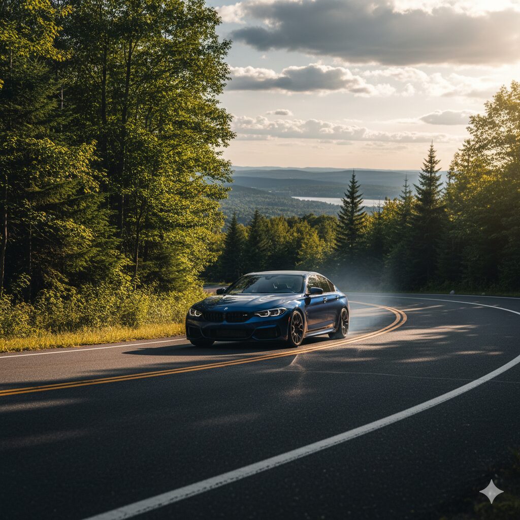 郊外の道をコーナリングする車