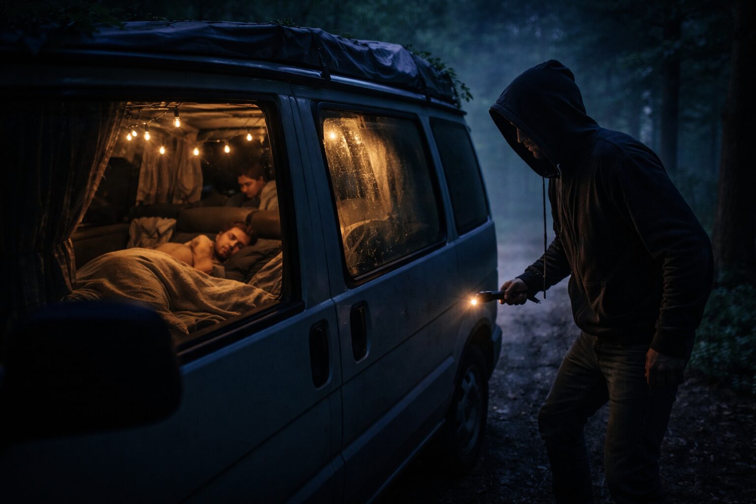 車中泊の車に近づく怪しい人間