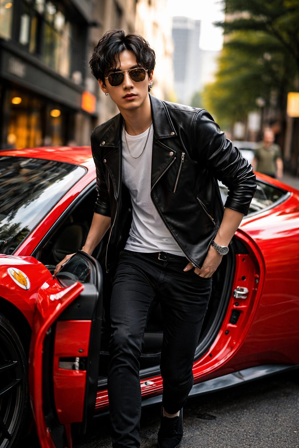 赤いスポーツカーから降りる若い男