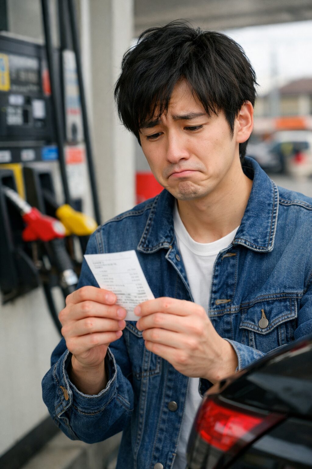 ガソリンスタンドのレシートを見て悲しい顔をする男