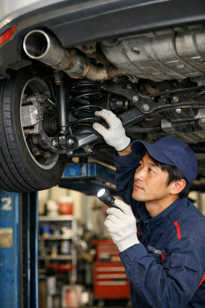 自動車の後輪周辺を点検する整備士