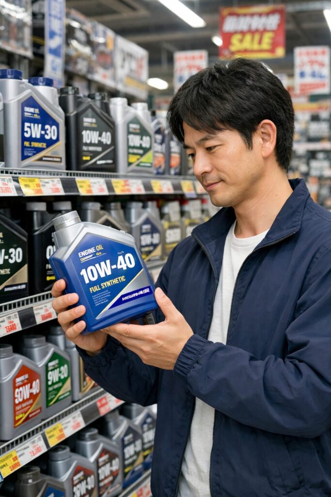 大手カーショップでオイルを選ぶ男