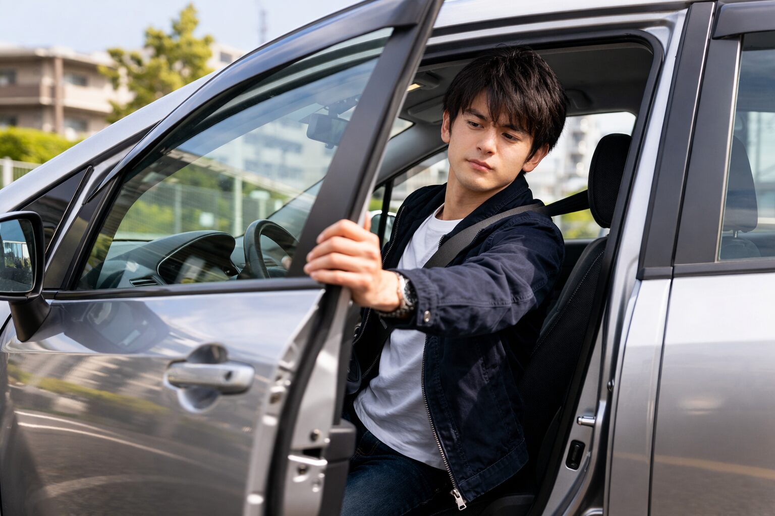 車から降りドアを強く閉める男