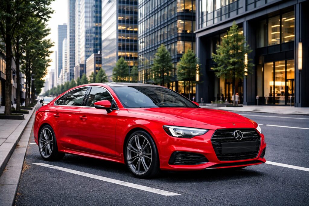 オフィス街に止まる赤いスポーツカー
