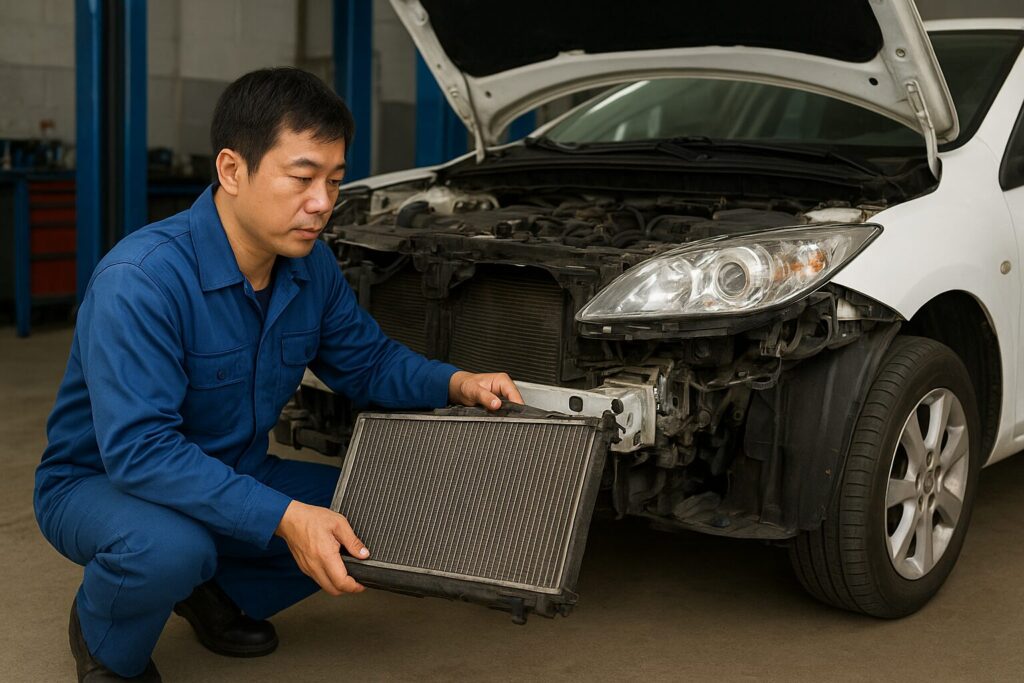 ヒーターコアを点検する整備士