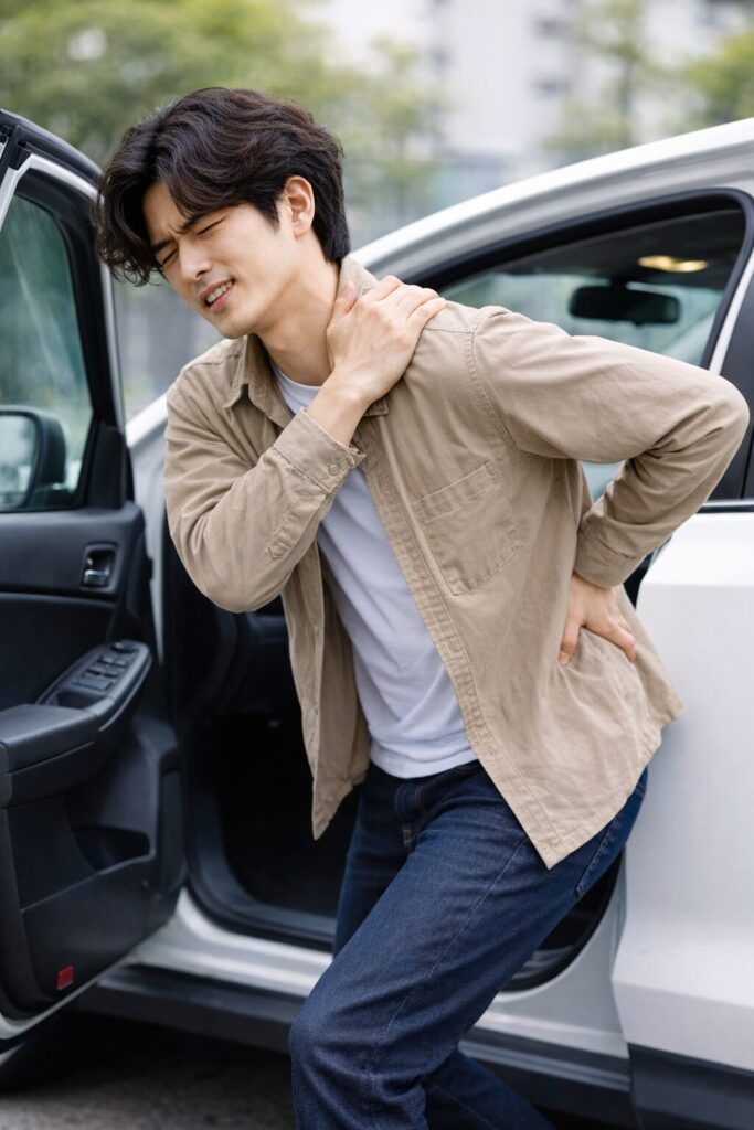 運転に疲れて肩を押える運転手