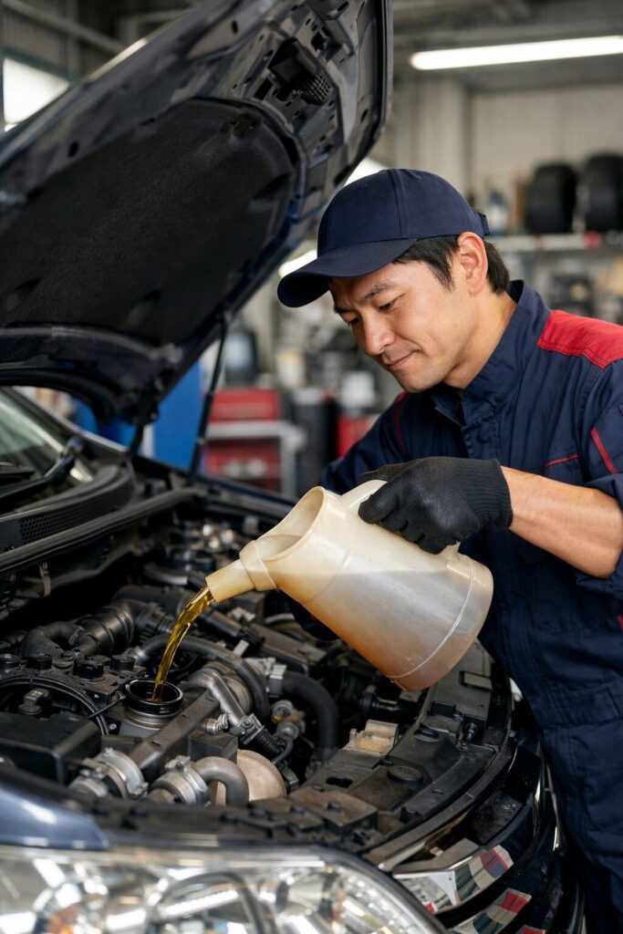 エンジンに新品オイルを注ぐ整備士