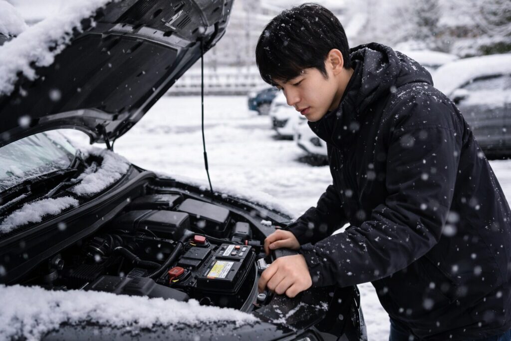 雪の中ボンネットを開けてバッテリーチェックする男