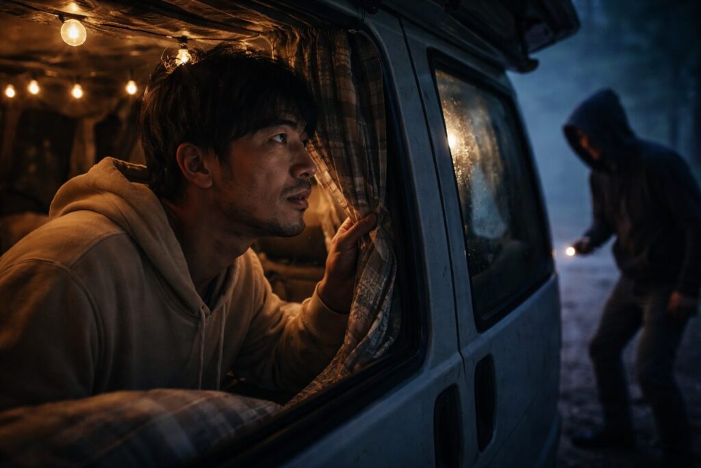 車中泊の車に近づく怪しい男