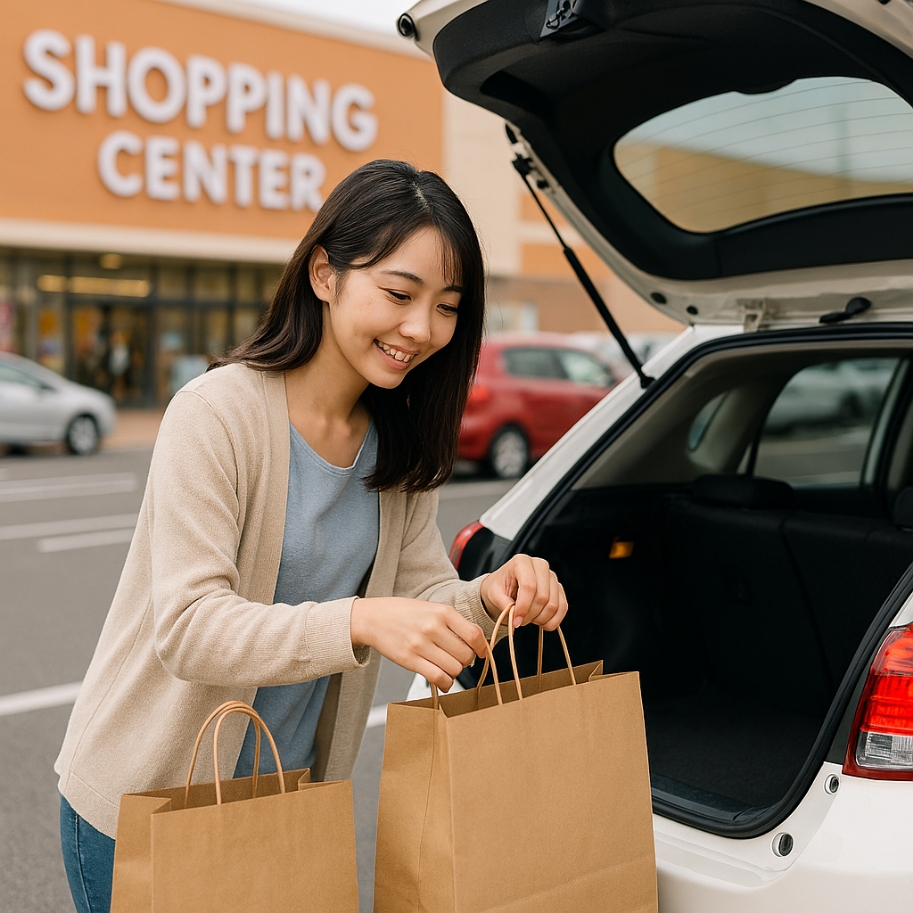 ショッピングセンターの駐車場で車に乗り込む女
