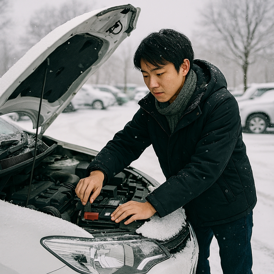 雪の中ボンネットを開けてバッテリーをチェックする男