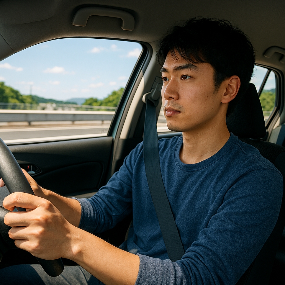 高速道路を運転する男