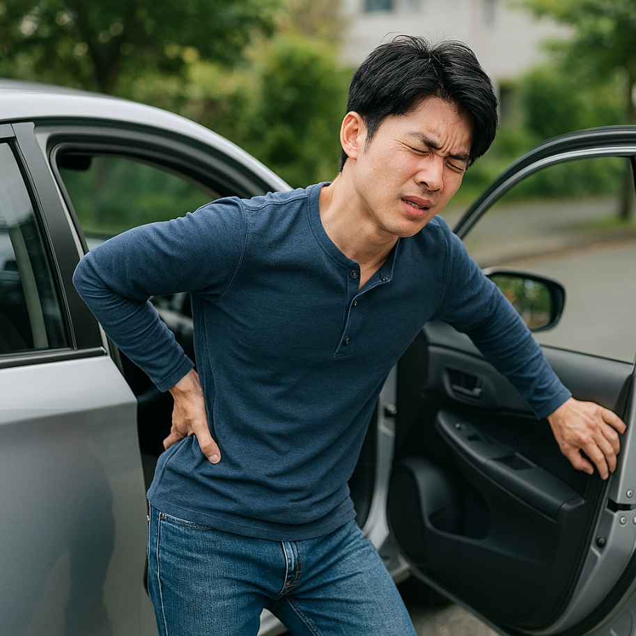 運転席から降りて痛む腰を押える男