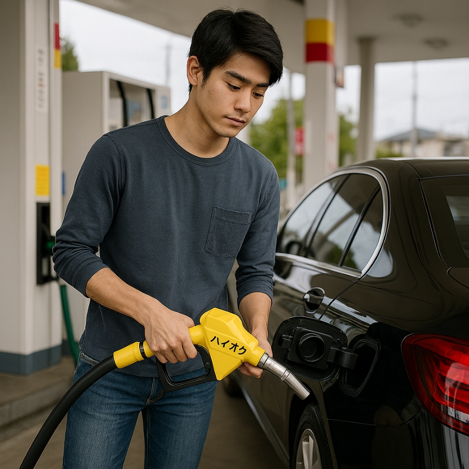 高級車にハイオクを給油する男