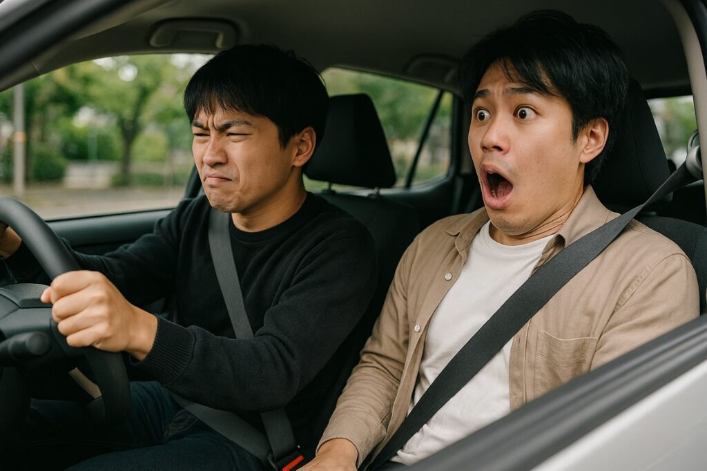 運転手のカックンブレーキで助手席の男が驚いている