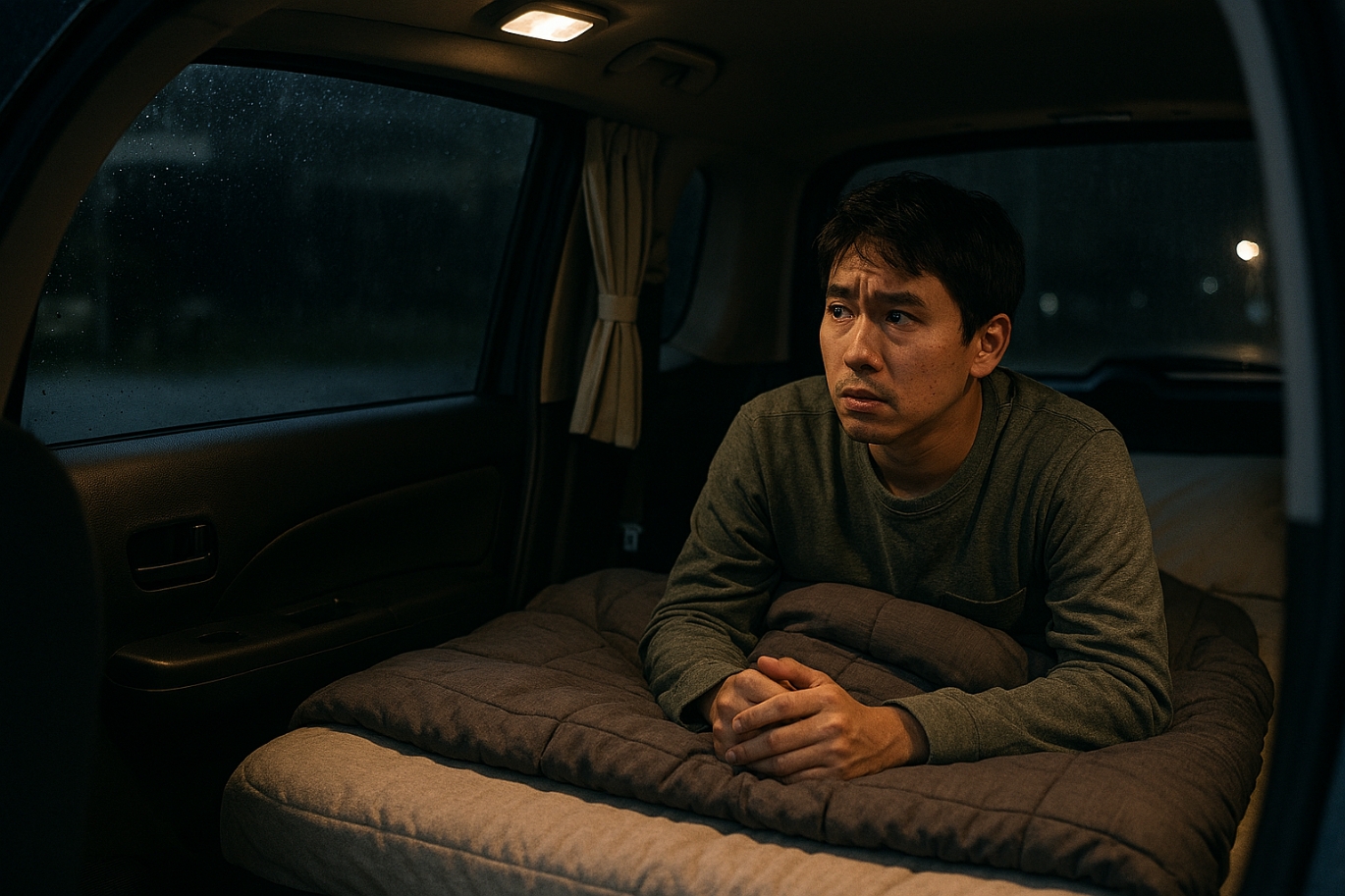 車中泊で車の外の様子を心配している男