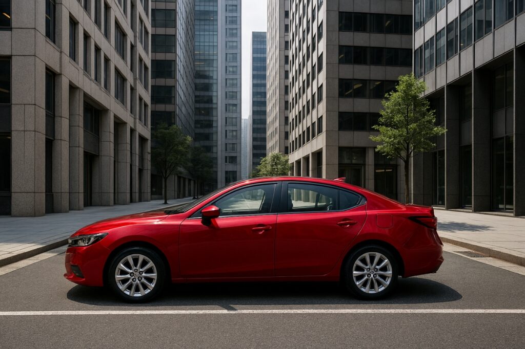 オフィス街に停車する赤いセダン車