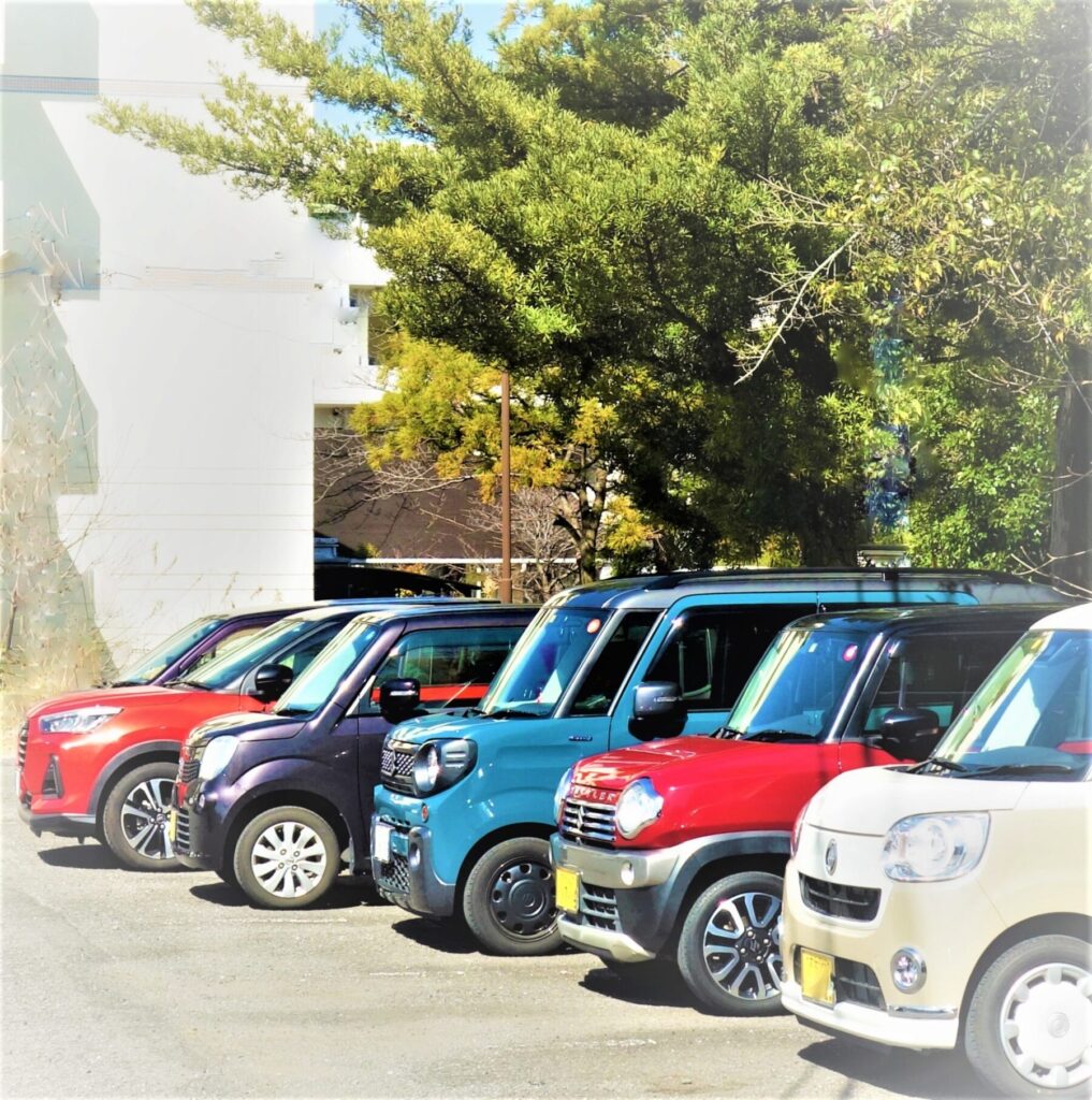 中古車販売店に並ぶいろいろなカラーの車