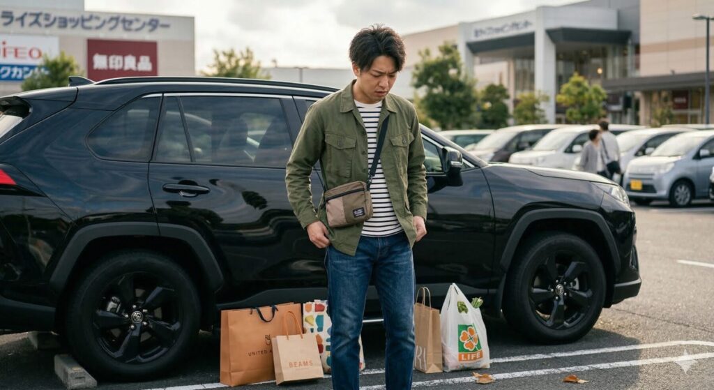 買い物バッグを持ってキーを探す男