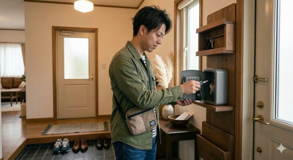 玄関のキーボックスにカギを入れる男