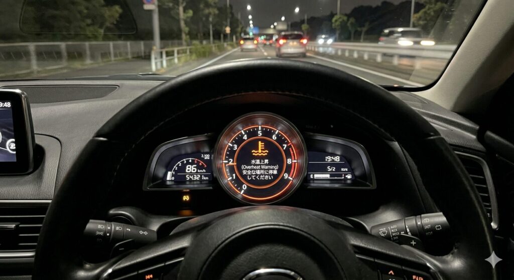 メーター内の水温計が高温を警告している