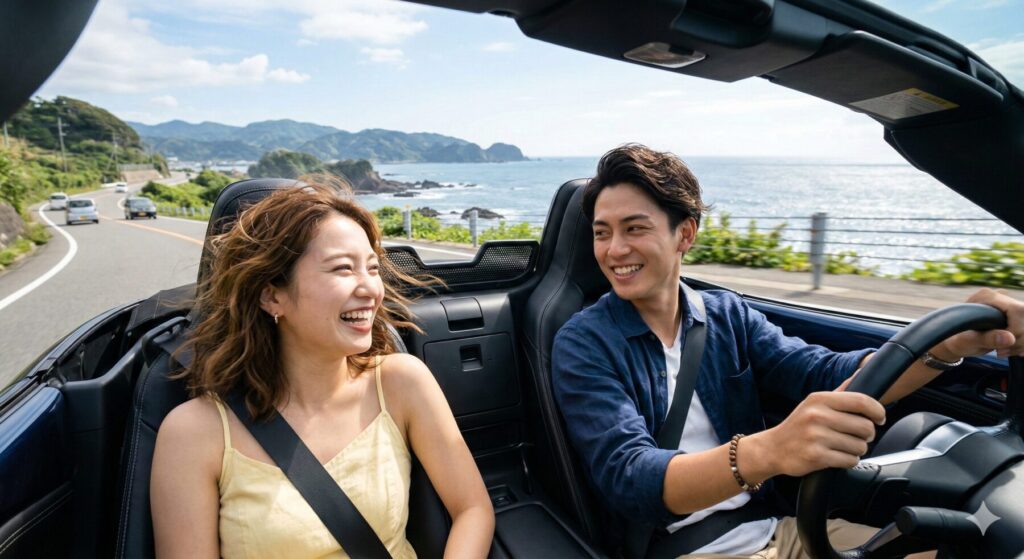 オープンカーでドライブする男女