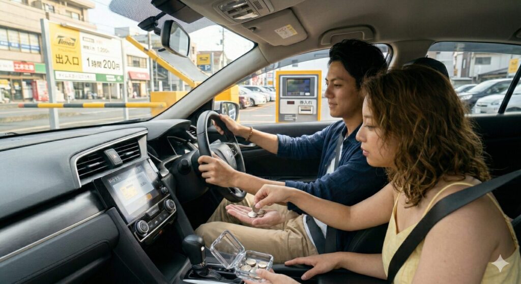 コインパーキングで助手席の女が小銭を手渡す