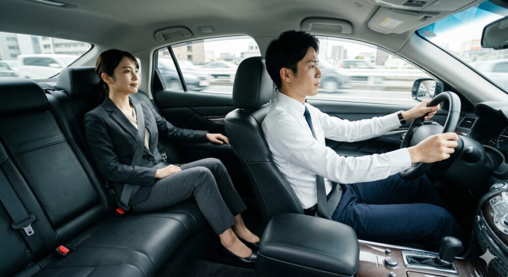 運転席に座る会社員の男と後部座席に座る会社員の女
