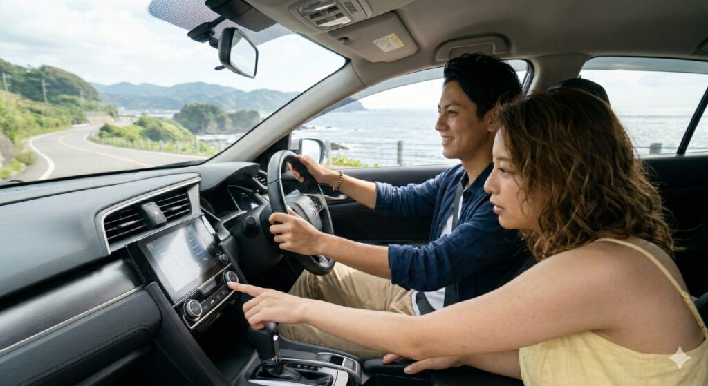 助手席の女性がカーオーディオを操作する