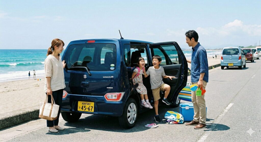 海へ行き、軽自動車から降りる4人家族