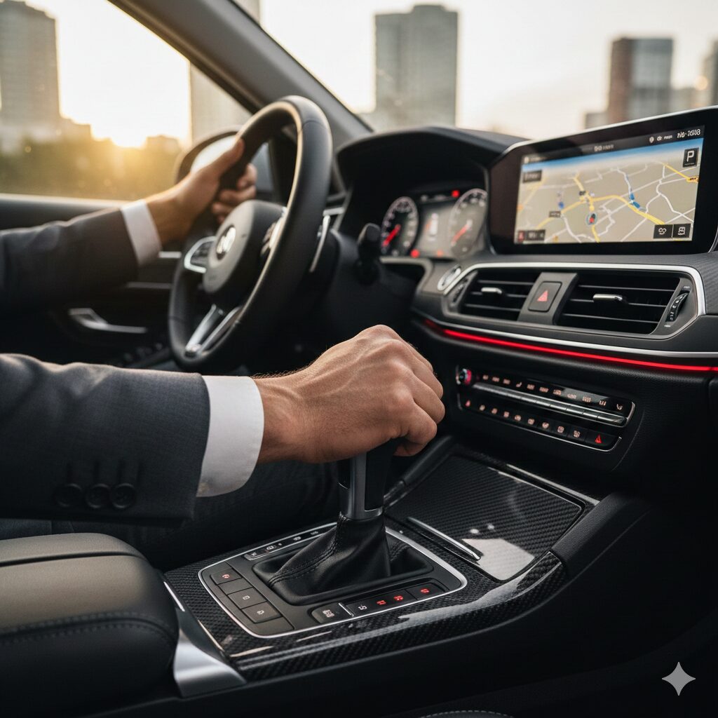 運転席でシフトレバーを操作する