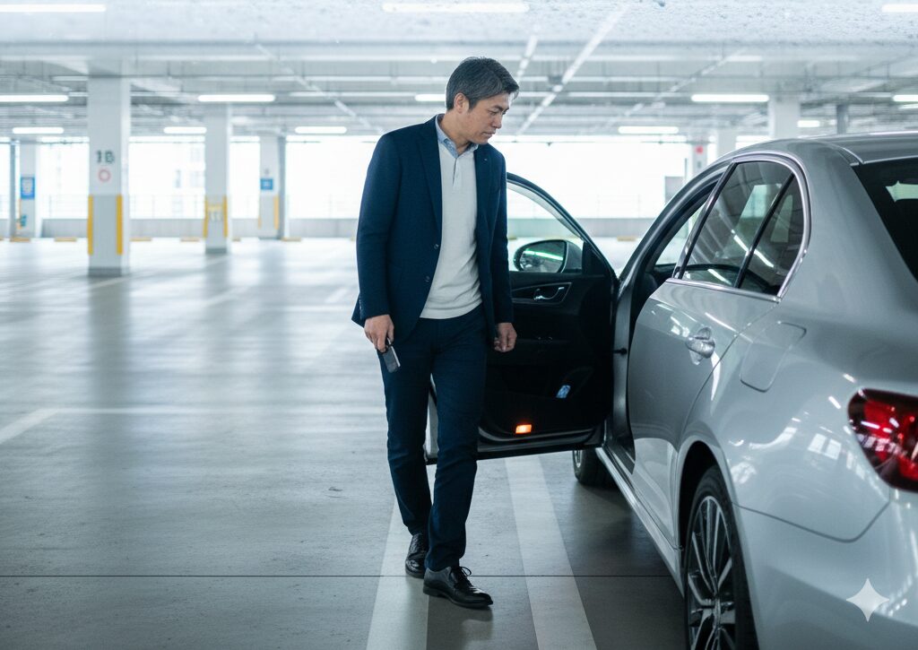 高級車に乗ろうとする男