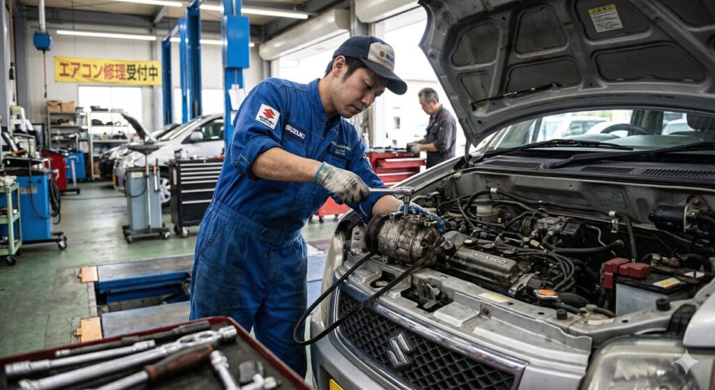 軽自動車からエアコンコンプレッサーをを取り外す整備士