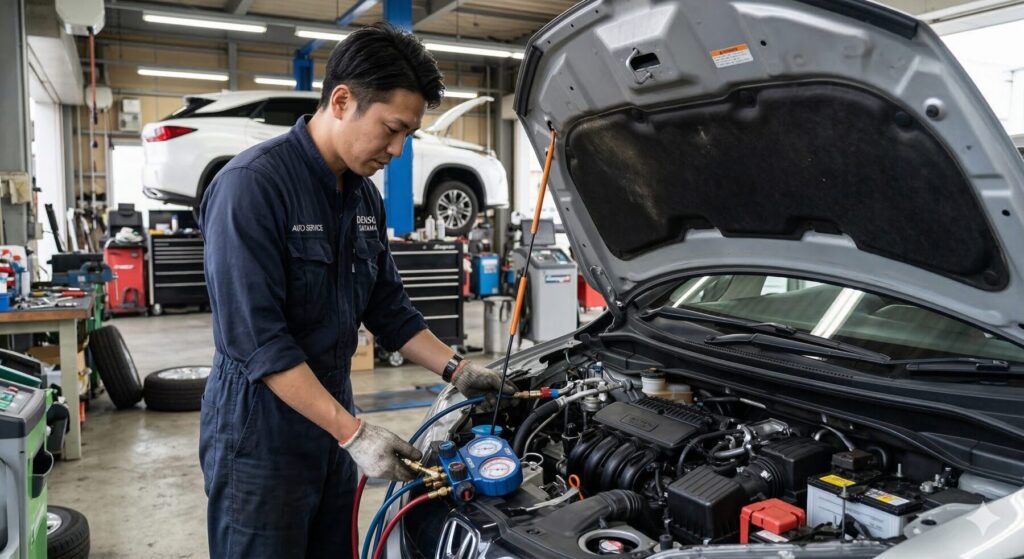 車のボンネットを開けてエアコンを確認する