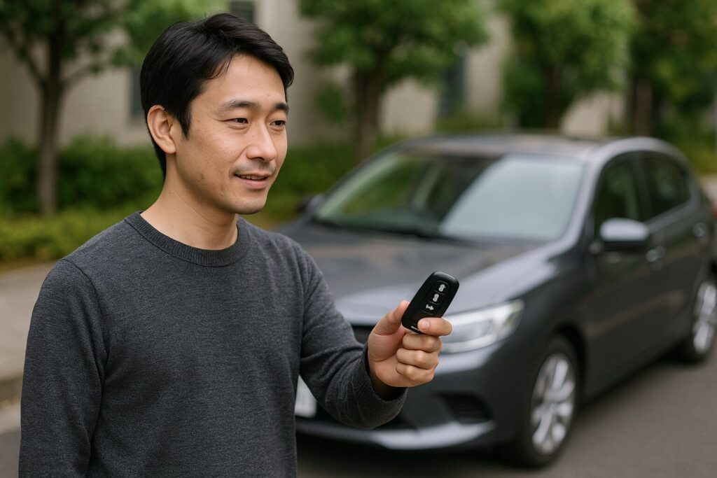 スマートキーを操作して車のドアを開ける男