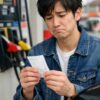 ガソリンスタンドのレシートを見る男