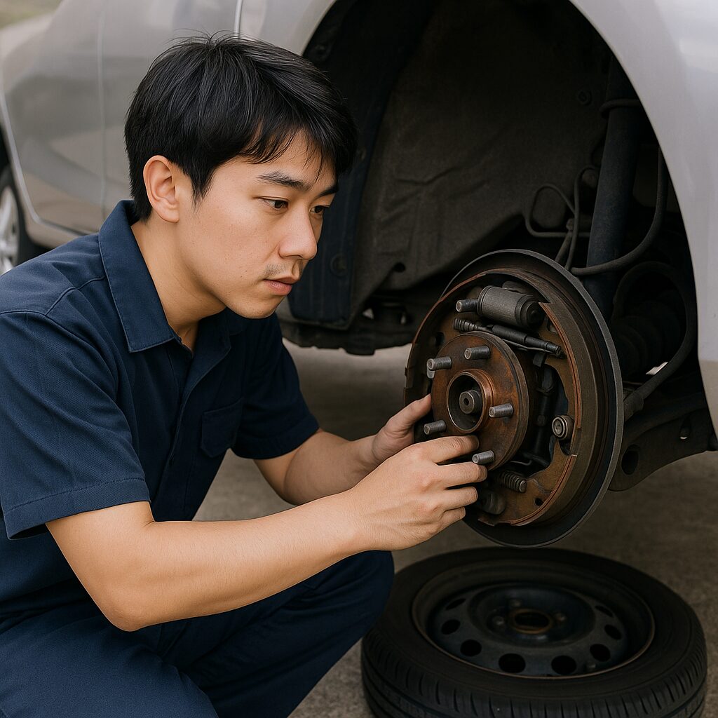 ドラムブレーキの点検をする男