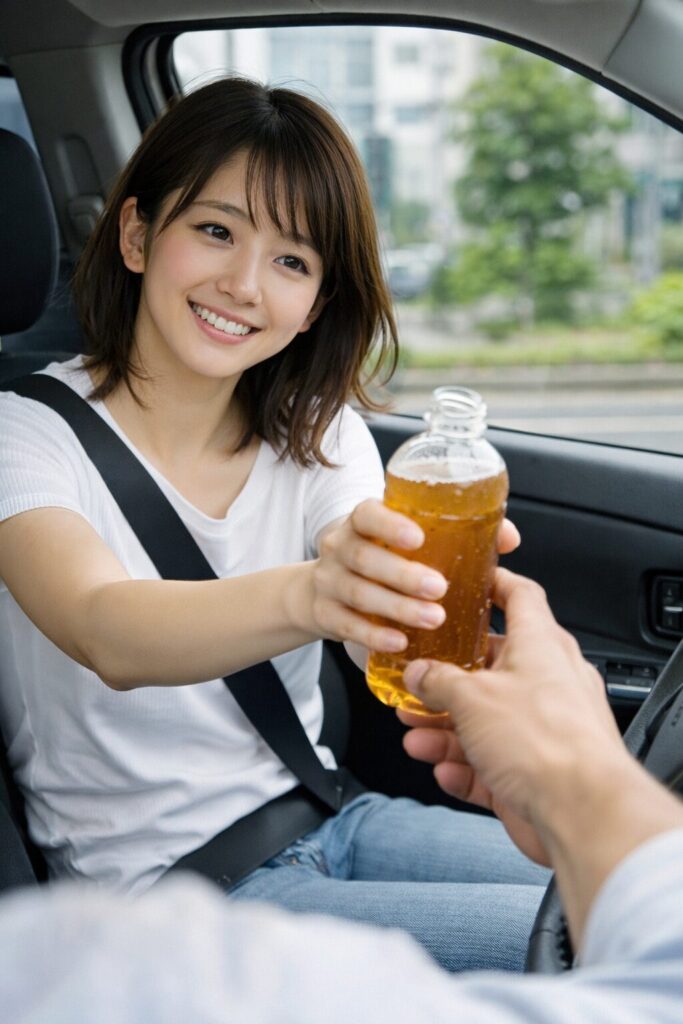 助手席の女性がペットボトルドリンクを手渡す
