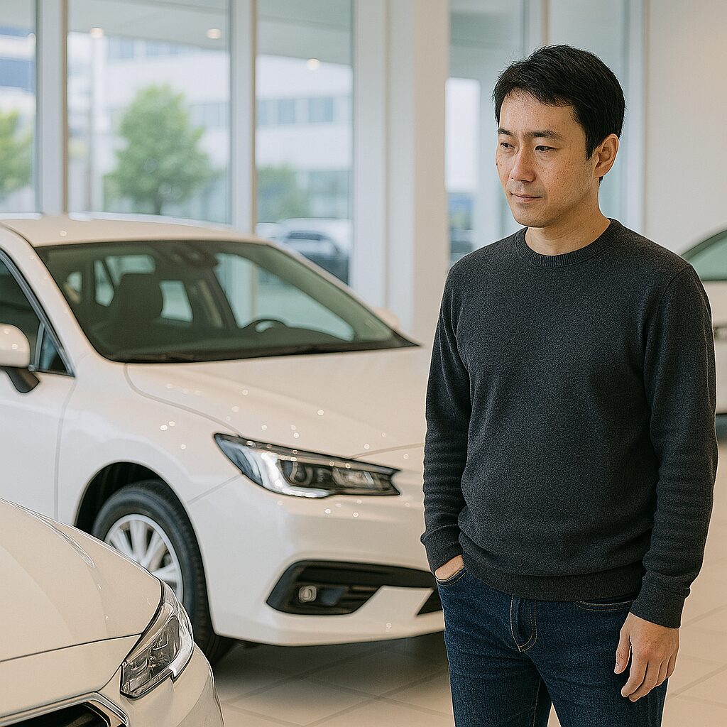 ディーラーで車を選ぶ男