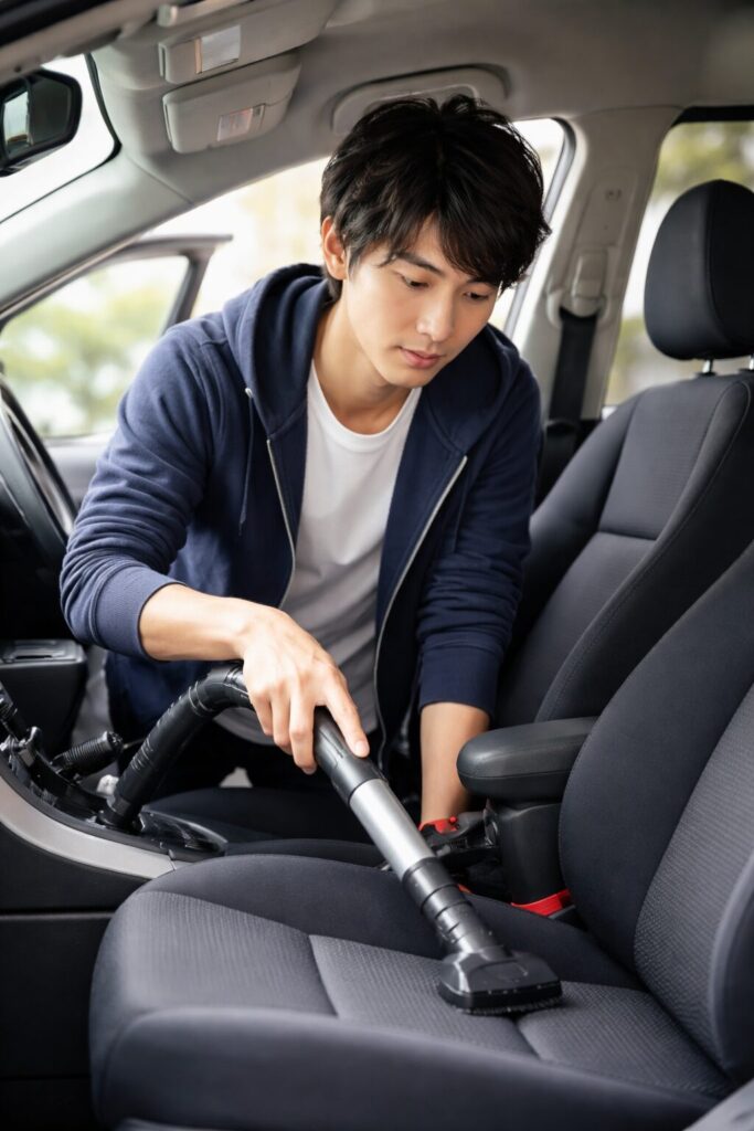 車内の清掃をする男