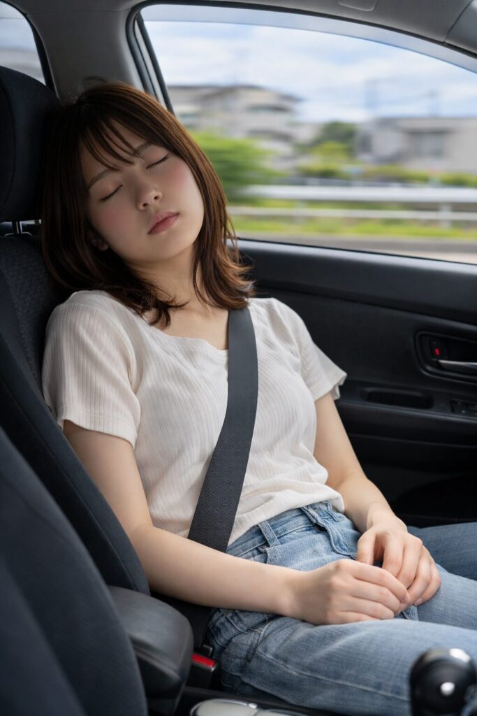 助手席で眠る若い女性