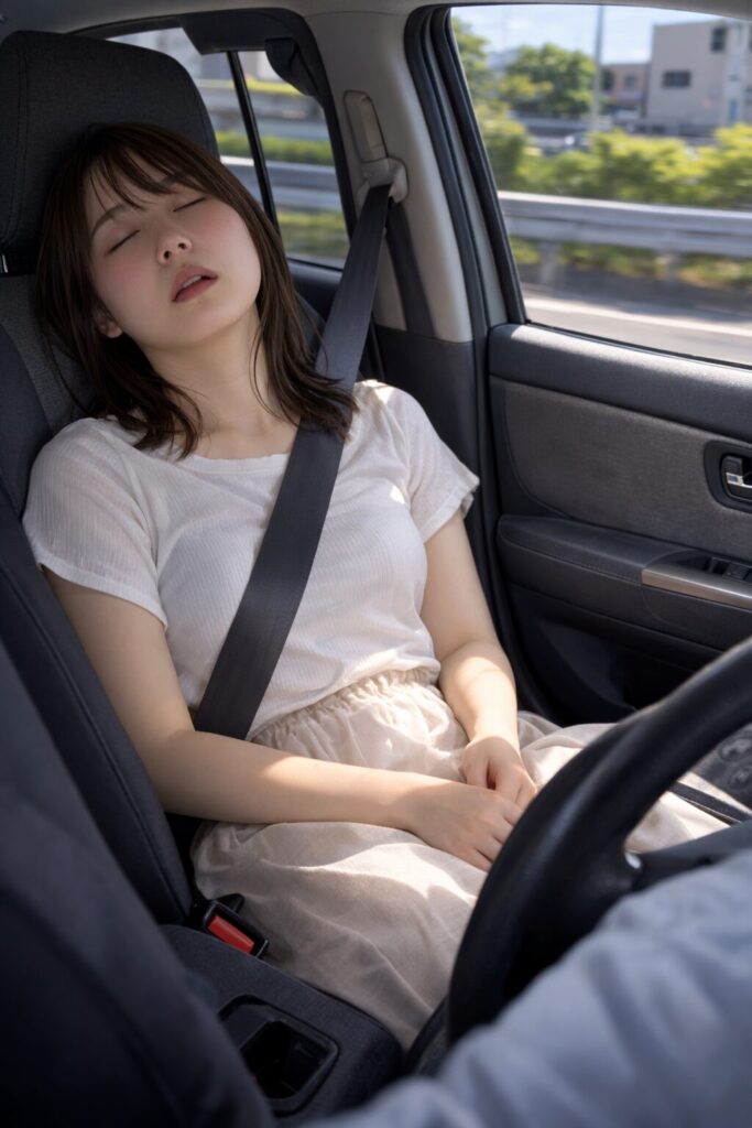 助手席で眠る女性