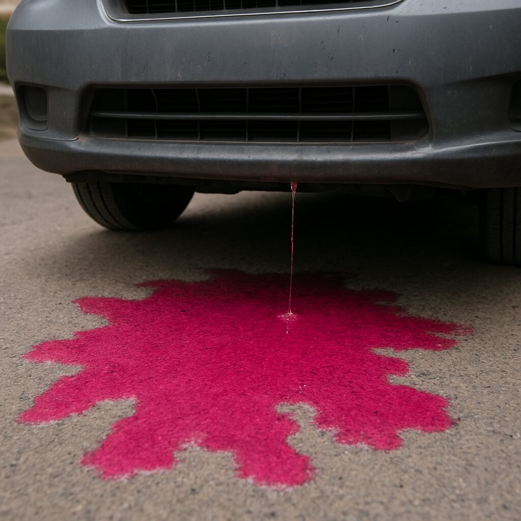 地面にラジエター液が漏れて広がっている