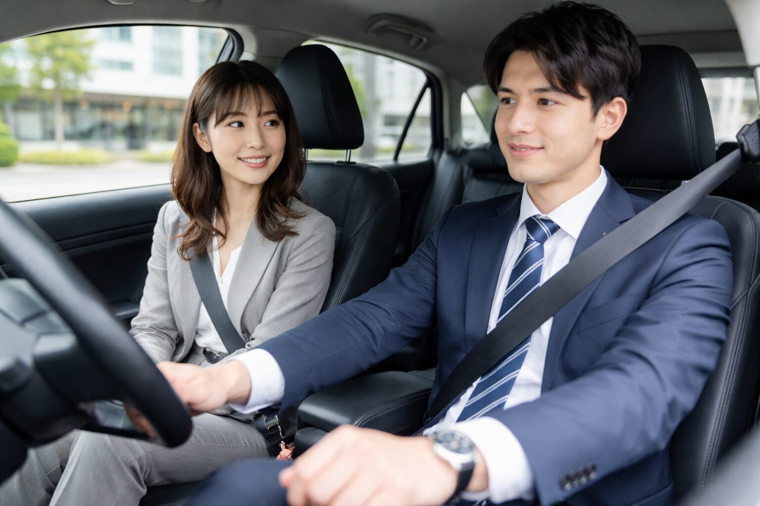 運転席に座る会社員の男と助手席に座る会社員の女